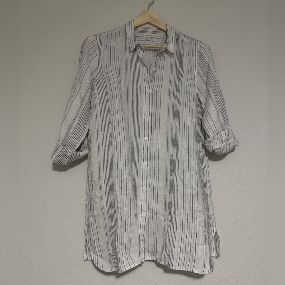Garnet Hill Size Medium 100% Linen White and Blue Striped Button-Up Tunic Shirt